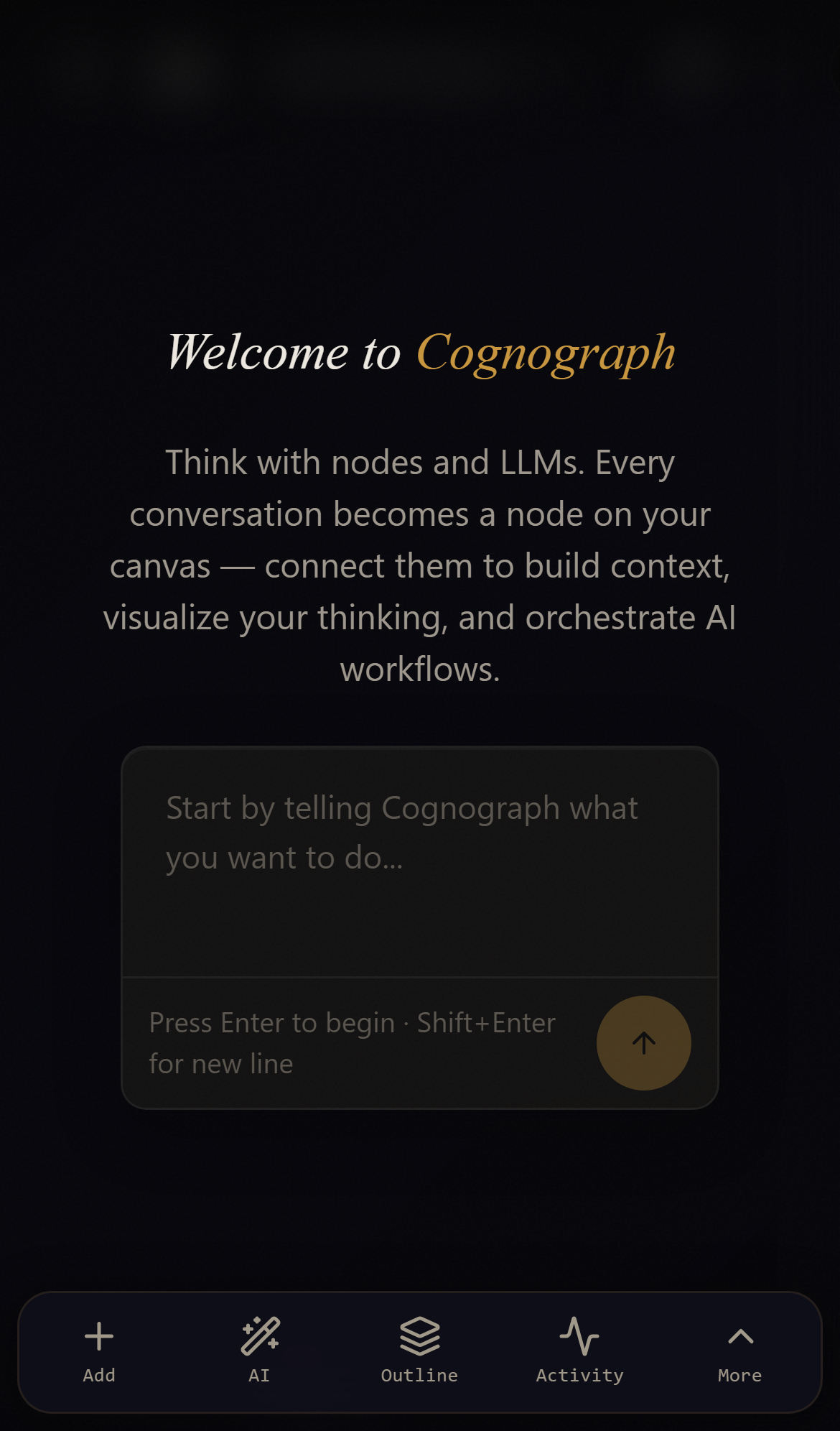 Cognograph mobile welcome screen with touch toolbar and chat input