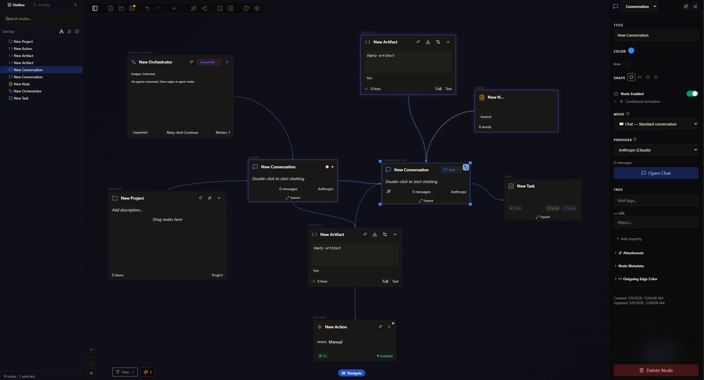 Cognograph in dark mode showing all node types with properties inspector panel open