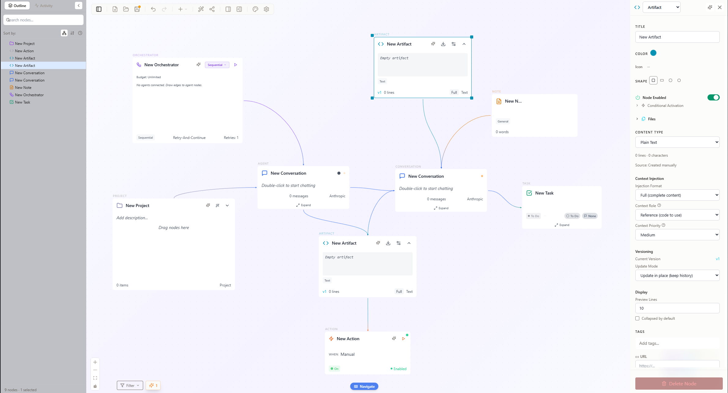 Cognograph in light mode showing node types with artifact inspector